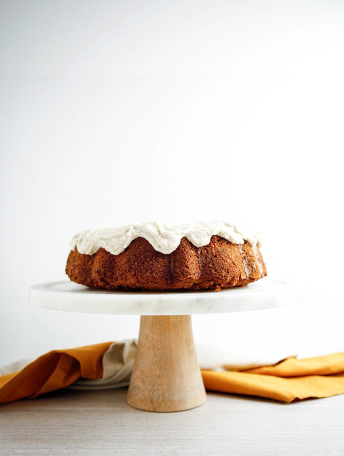 Sweet potato bundt cak with cashew buttercream on top