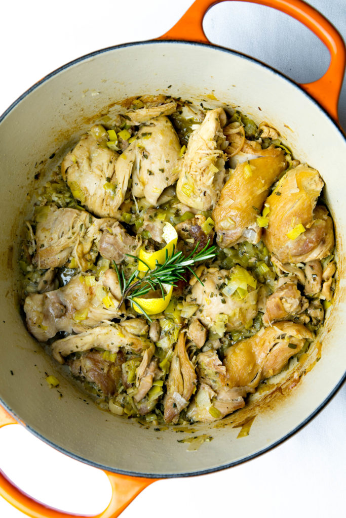 Rosemary Lemon Chicken thighs in a dutch oven
