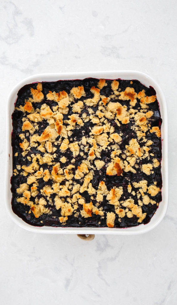 blueberry crumble bars in pan