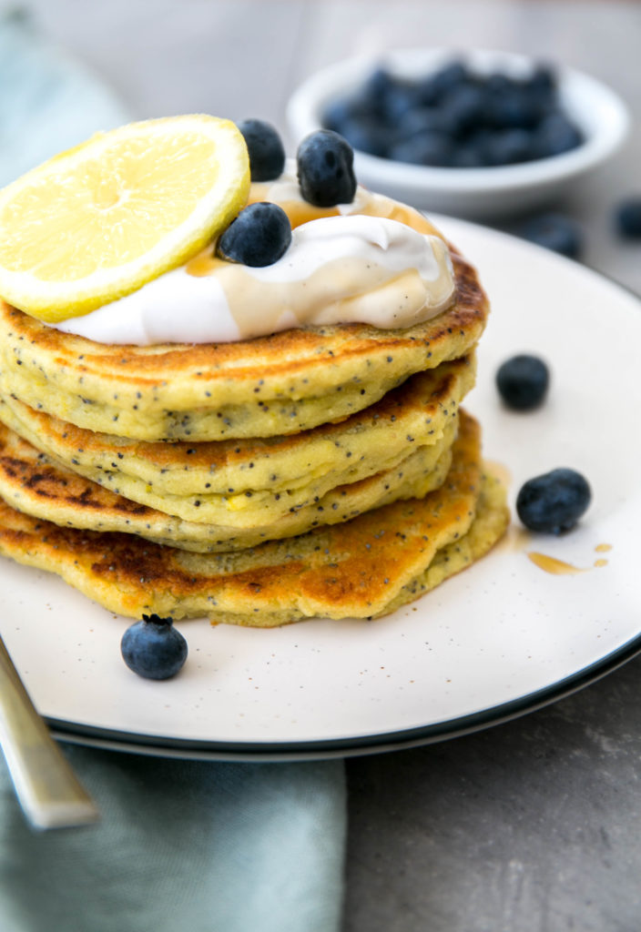 Lemon poppyseed pancakes with yogurt and blueberries