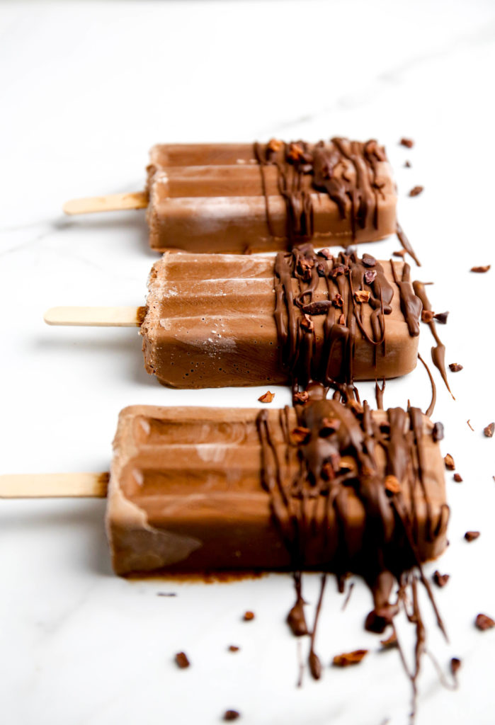 Fudgesicles with chocolate and cacao nibs
