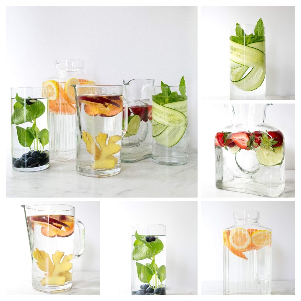 a collage of fruit and vegetable infused water in pitchers