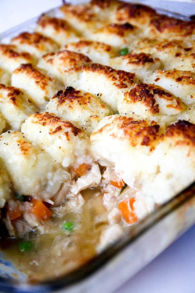 chicken pot pie with a tater tot crust