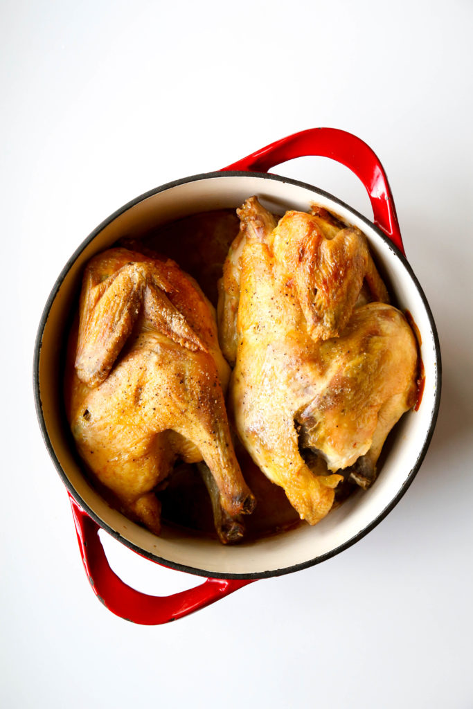 two cooked chickens in a dutch oven