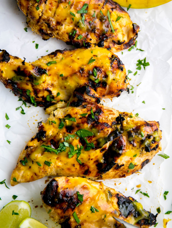 Grilled Mango Lime Chicken on a platter