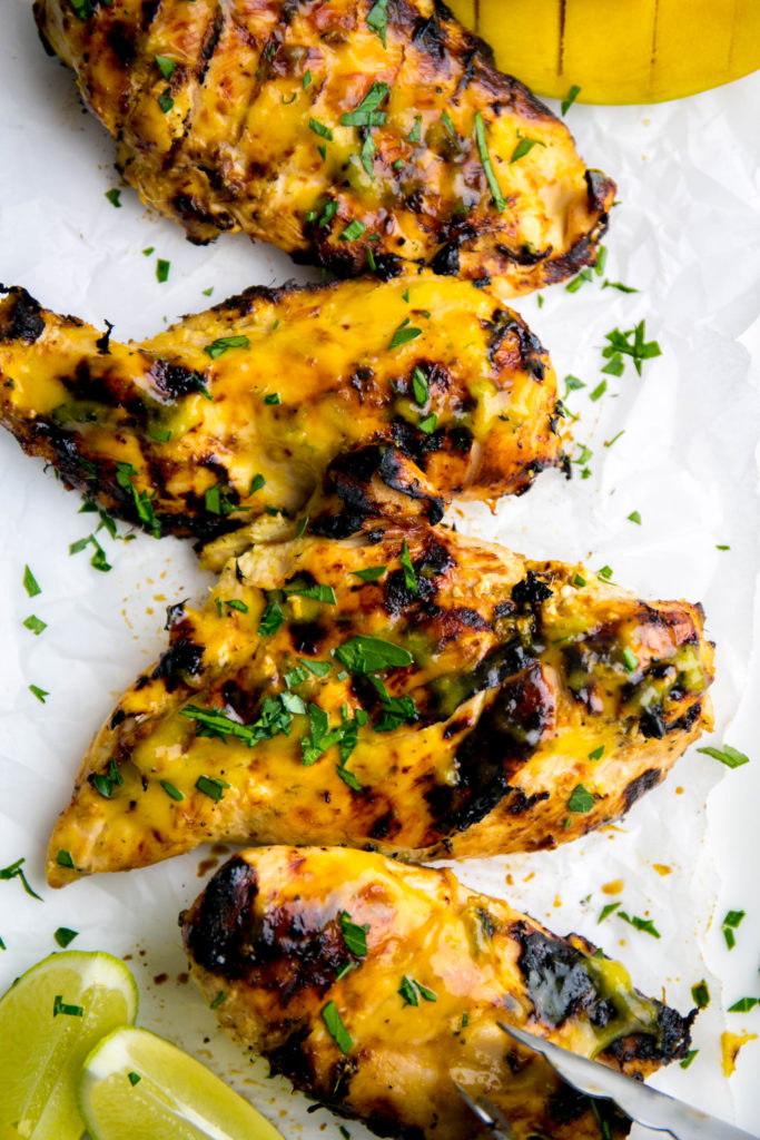 Grilled Mango Lime Chicken on a platter