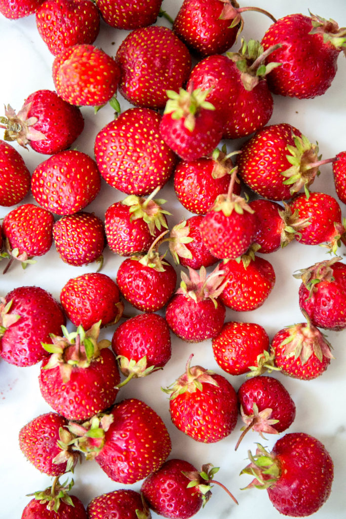 aerial view of freshly picked strawberries 