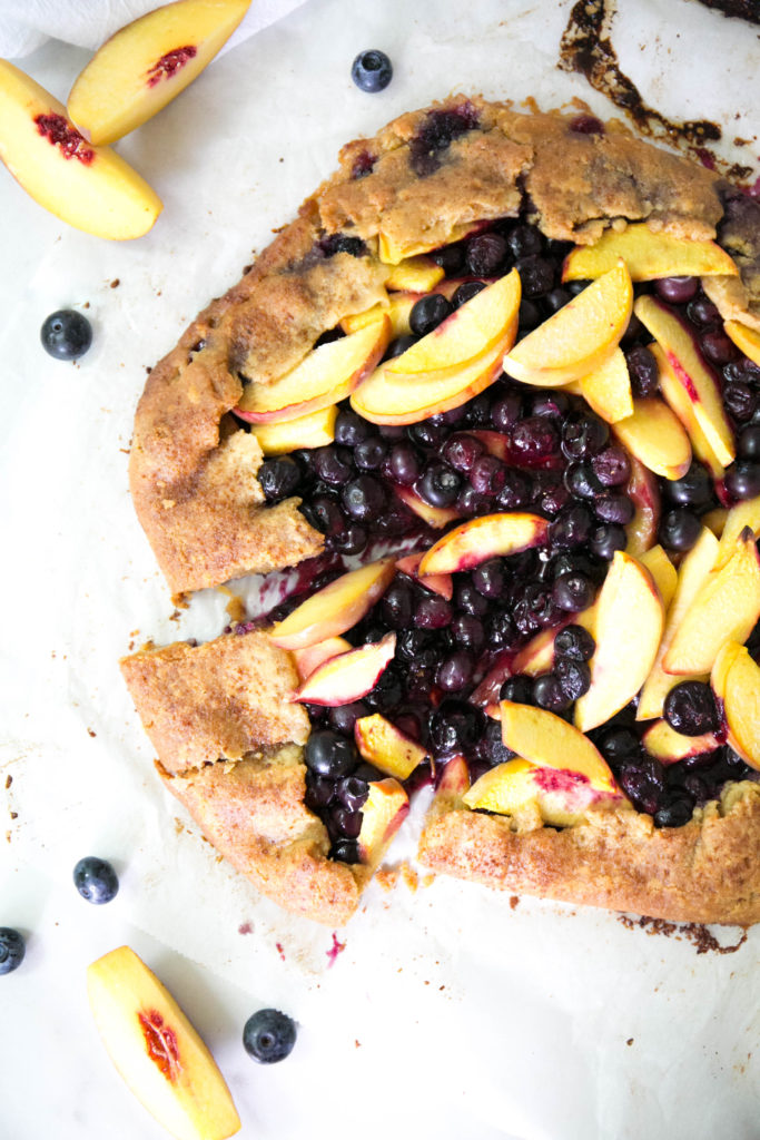 Aerial view of a blueberry peach galette
