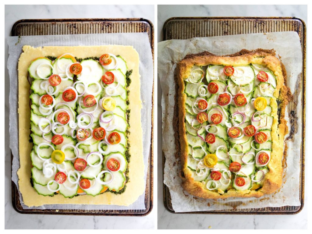 before and after picture of zucchini flatbread