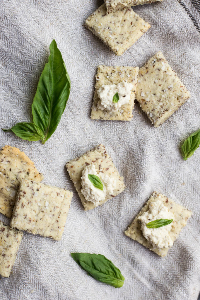 Almond Crackers with ricotta and fresh basil