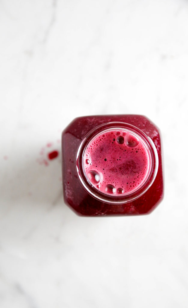 aerial view of beet juice in a glass