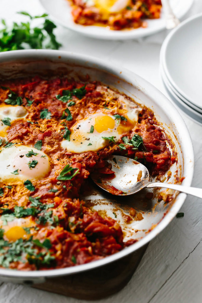 Shakshuka in a baking dish hot out of the oven