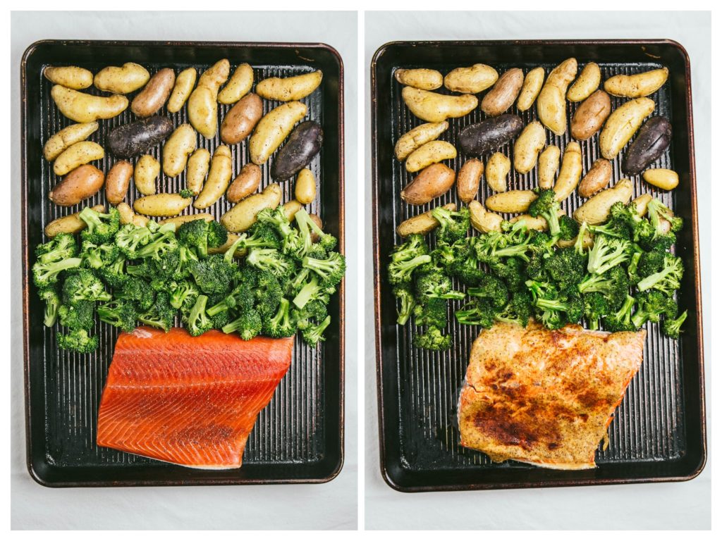 Honey-mustard sheet pan salmon before and after picture