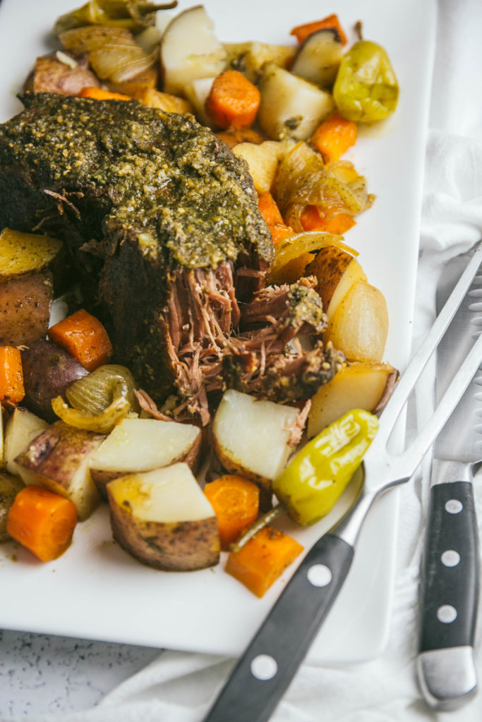 Up close picture of Mississippi pot roast with vegetables