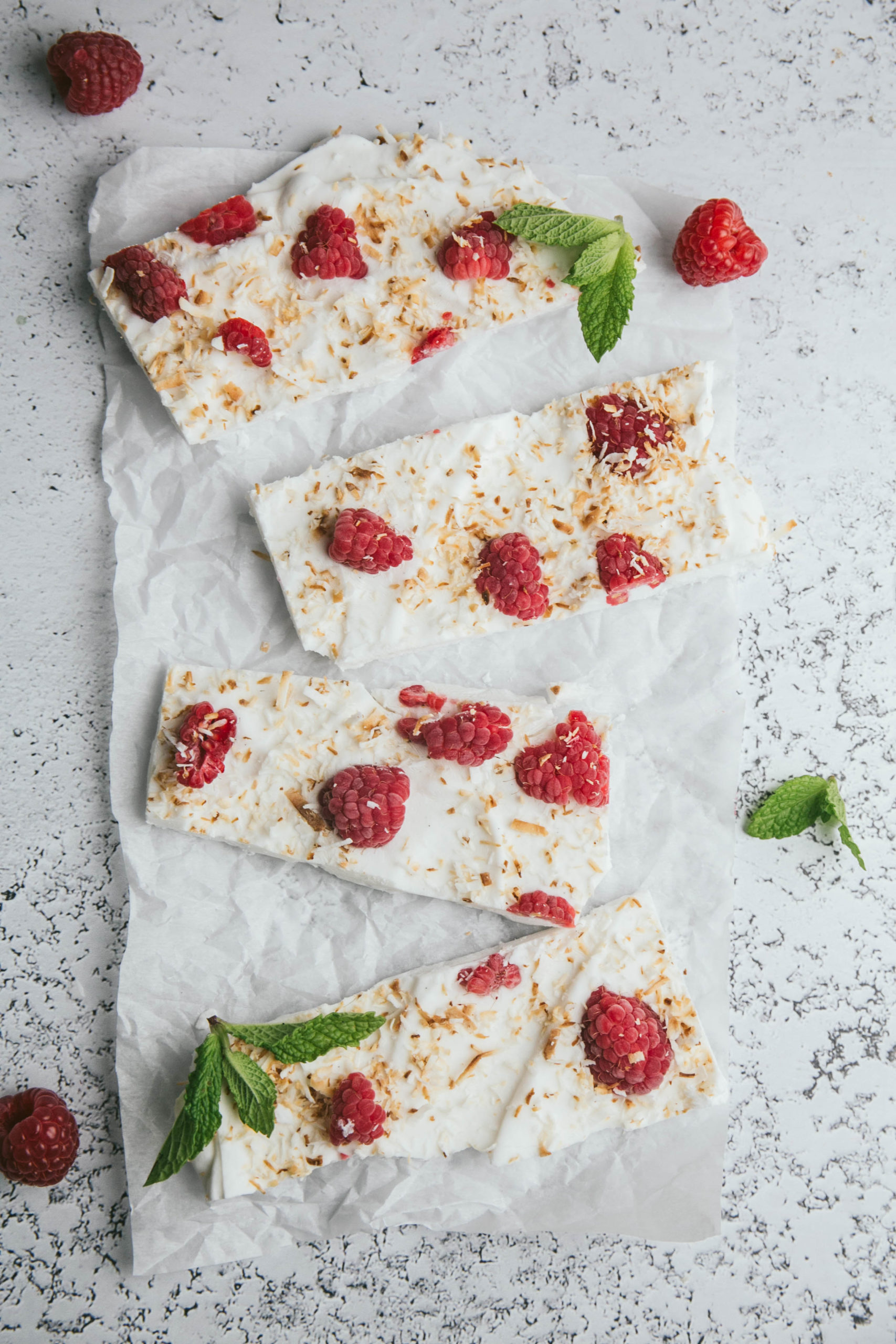 Aerial view of frozen yogurt bars with raspberries, toasted coconut and mint leaves