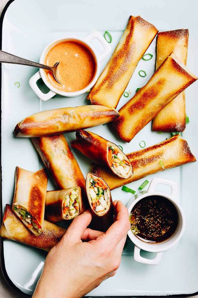 Paleo Egg Rolls from I Heart Umami on a platter with dipping sauce
