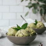 Fresh mint chocolate chip ice cream in a bowl with cacao nibs and fresh mint