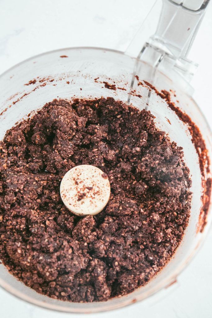 Seed cycling brownie bite dough in a food processor