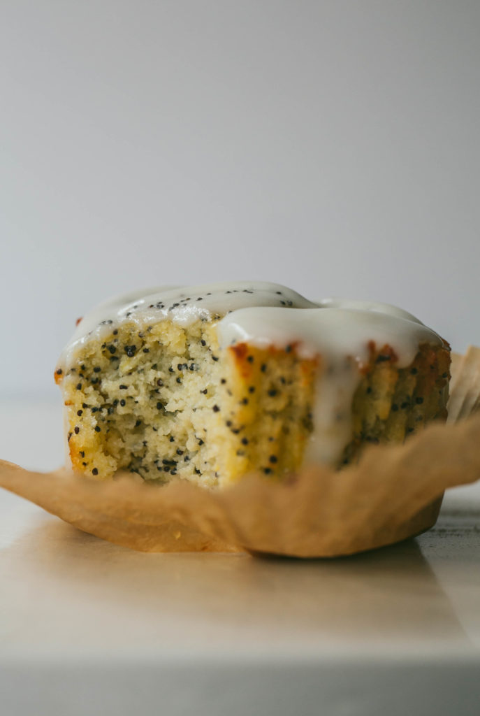 Up close image of a lemon poppyseed muffin