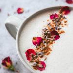 Chamomile Tea latte with rose petals and lavender