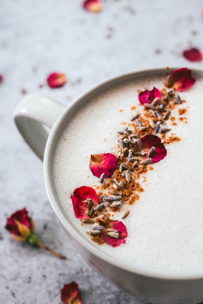 Latte with rose petals and lavender