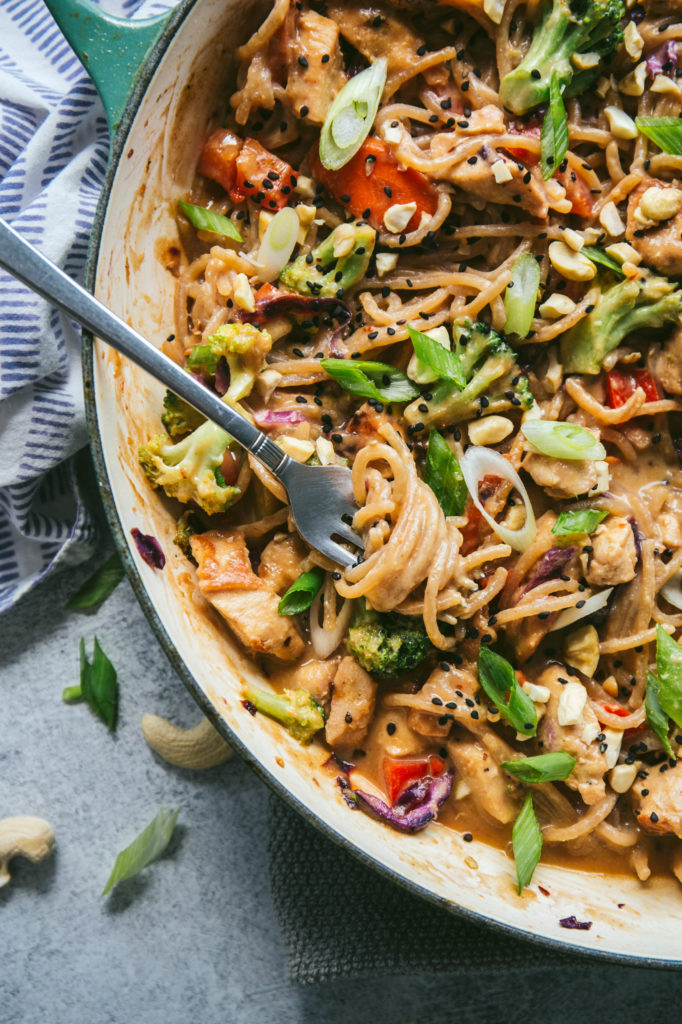 Paleo Chickeen Pad Thai in a large skillet with a fork