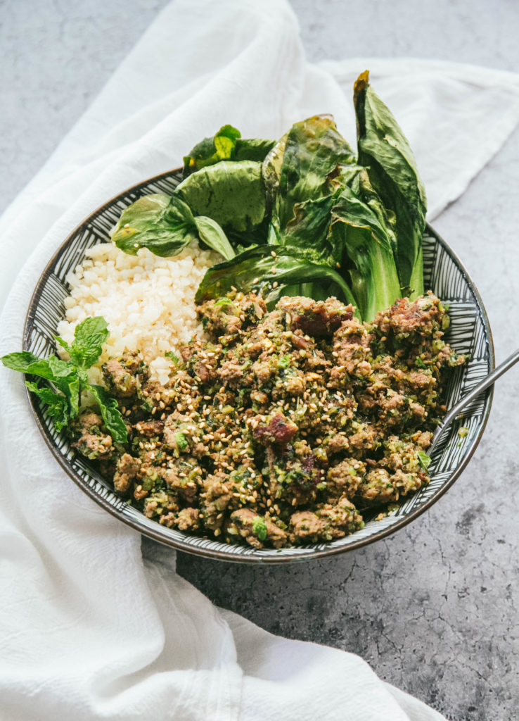 Thai lamb larb with rice and bok choy