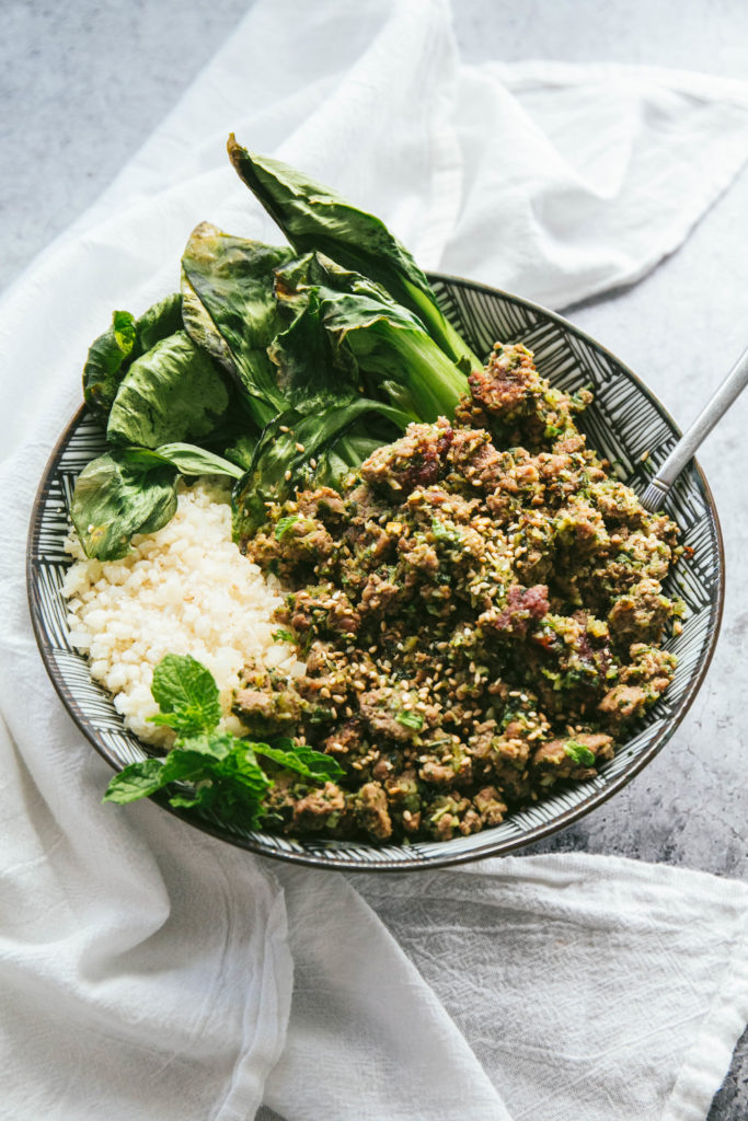 Thai Lamb Larb with fresh mint, bok choy and rice