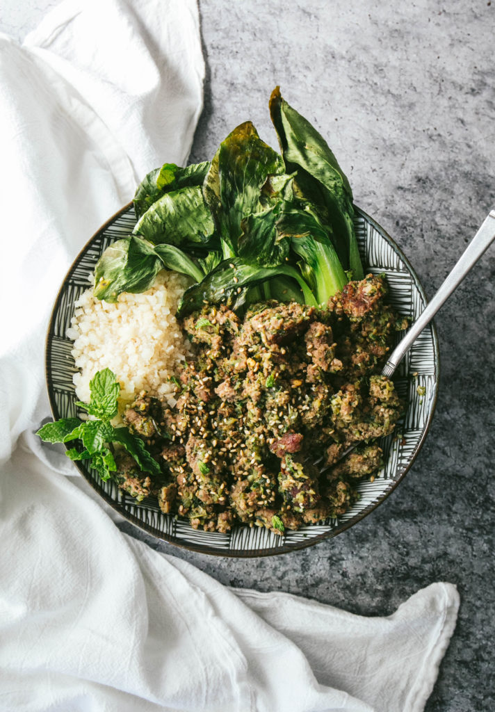 Thai lamb larb with roasted bok choy and cauliflower rice