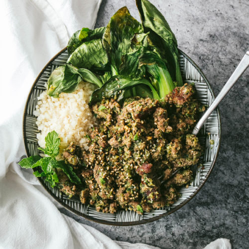 Thai lamb larb with bok choy and rice