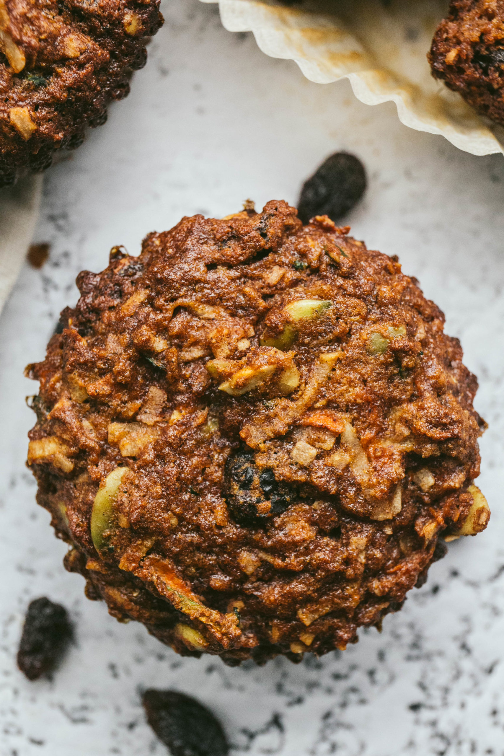 Aerial view of morning glory muffin with raisins