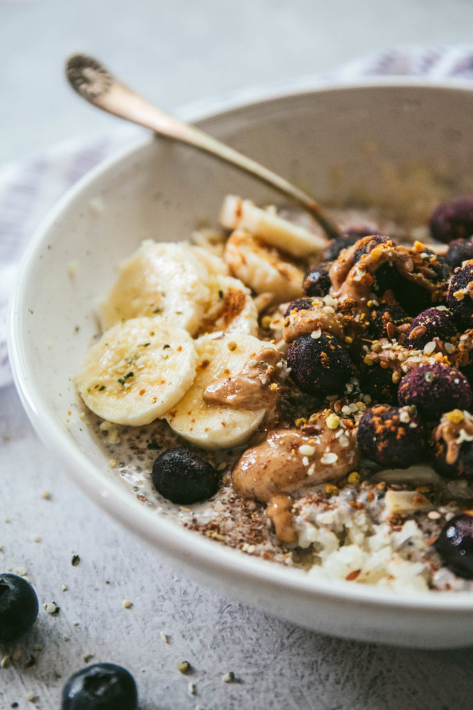 Chai spiced breakfast bowl with blueberries and bananas