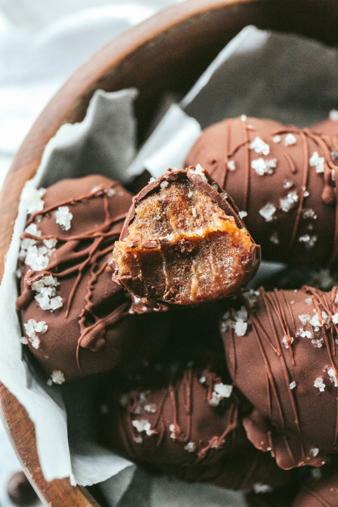 Salted tahini caramels in a bowl