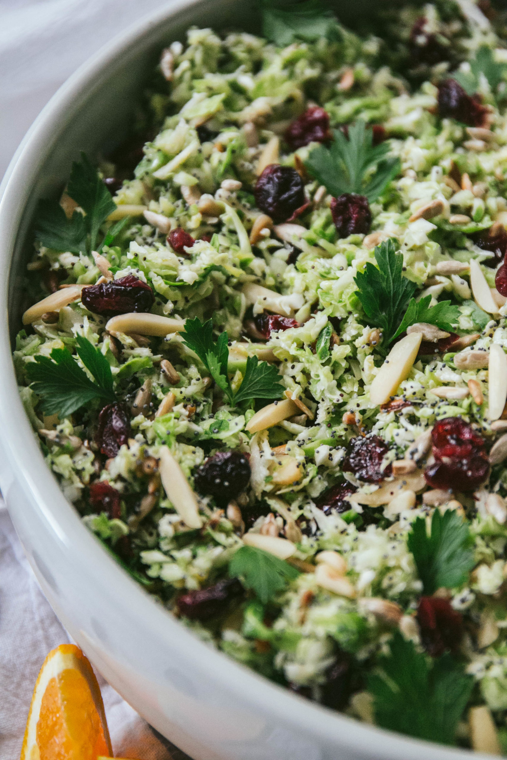 Brusel sprout salad in a large mixing bowl