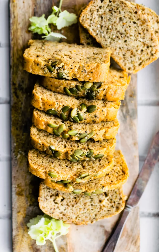 Aerial view of paleo bread with pumpkin seeds and poppy seeds on top