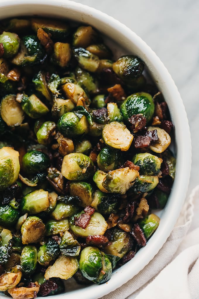 Brussels sprouts and bacon in a serving bowl