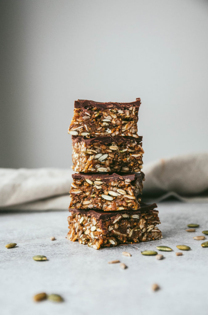 Chocolate figgy bars with nuts and seeds