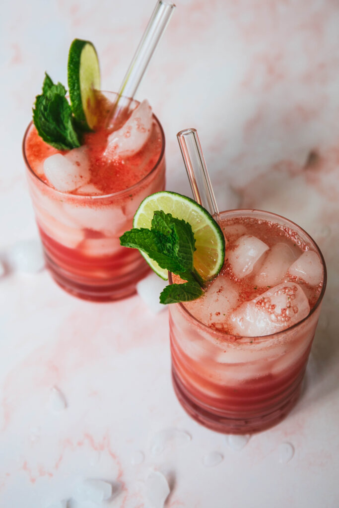 Watermelon mint mocktail with mint and lime garnish