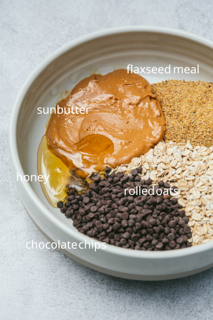 ingredients for sunbutter chocolate chip energy bites with text